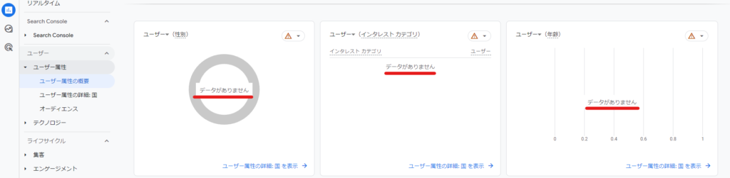 「性別」や「年齢」の枠に「データがありません」という表示